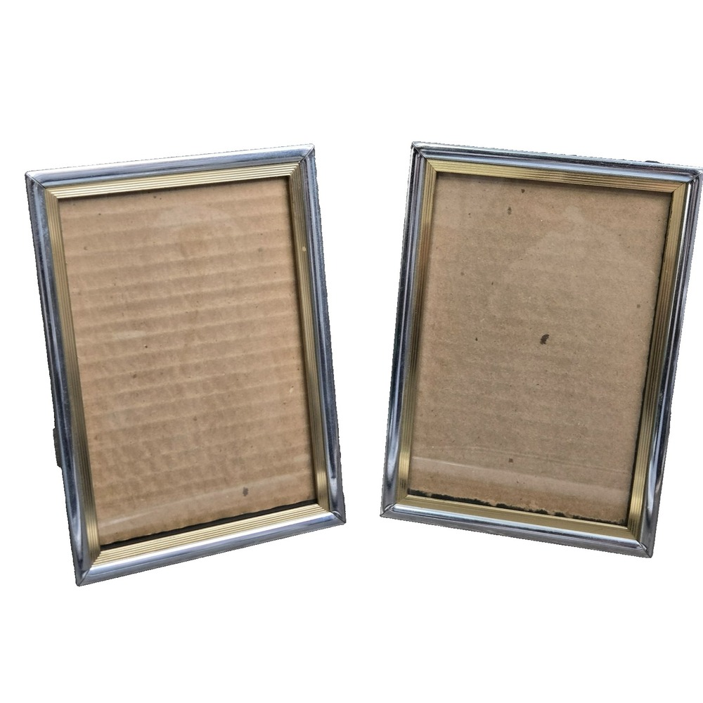 Lot of 2 Vintage Silver Gold Tone Metal Photo Picture Frame 4x6 Tabletop Stand